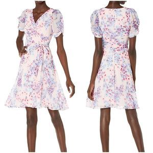 NWT DKNY pink purple watercolor floral knot puff sleeve wrap ruffle dress 2